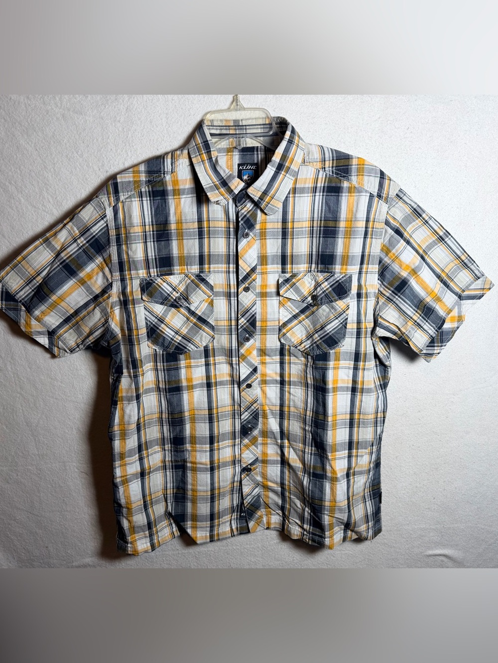 KÜHL Suncel Men’s Large Short Sleeve Button Up Plaid Hiking Shirt Yellow Gray L